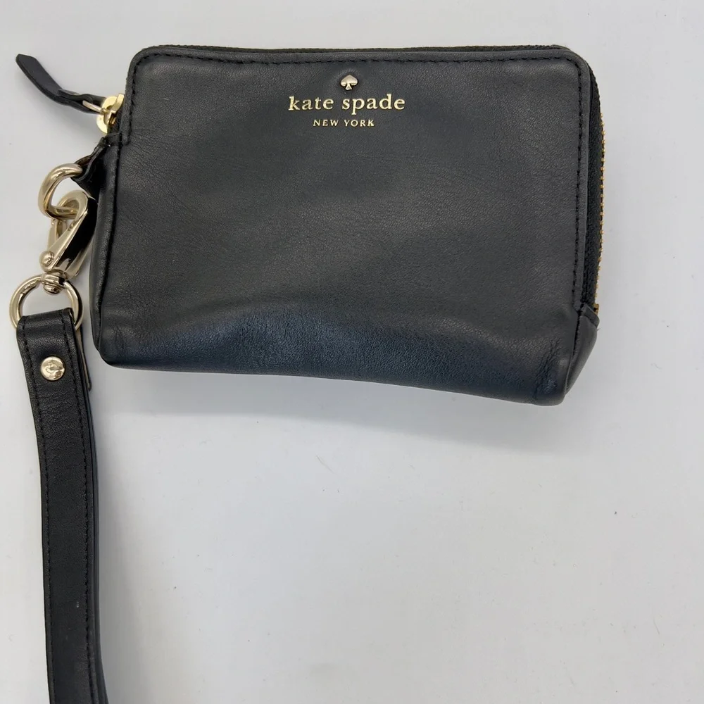 kate spade Black Leather Zip Wristlet with Gold Hardware